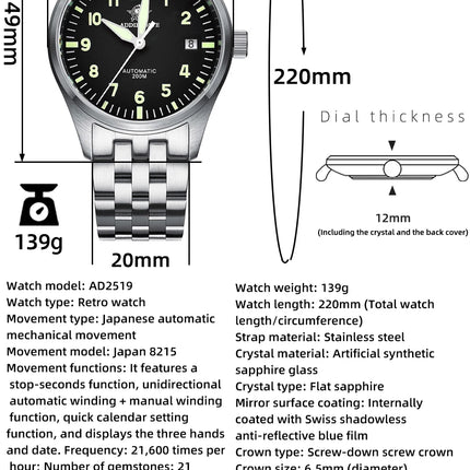 ADDIESDIVE Classic Men's Automatic Mechanical Watch 200m Water Resistant C3 Luminous 316L Stainless Steel Vintage Watch AD2519