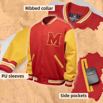 Mens M Letter Varsity Jacket Vintage Faux Leather Sleeve Baseball Letterman Coat Red & Yellow Streetwear for Casual Wear