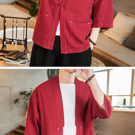 Kimono Camicia da uomo Samurai giapponese Cardigan tinta unita retrò Stile cinese Cotone Lino Yukata Haori Cappotto da uomo allentato Streetwear