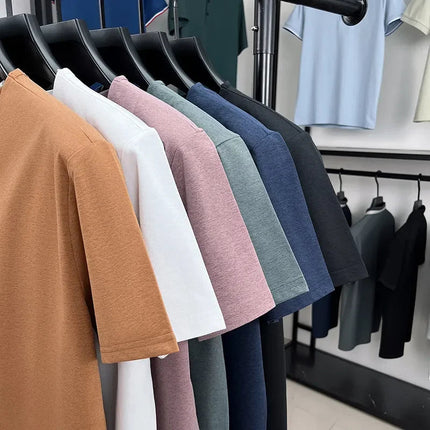 New Men's Casual and Fashionable Three Button V-neck Solid Color Short Sleeved T-shirt Summer Versatile Top PlatiNum