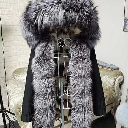 Winter Long Jacket Real Fur Coat Women Clothes Large Silver Fox Fur Collar Detachable Natural Fox Lining Parkas Leather Fur
