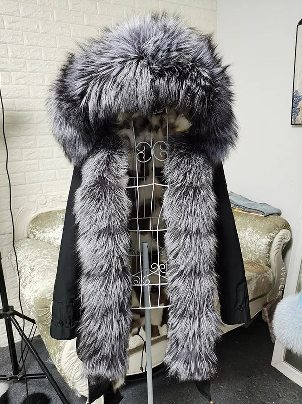 Winter Long Jacket Real Fur Coat Women Clothes Large Silver Fox Fur Collar Detachable Natural Fox Lining Parkas Leather Fur