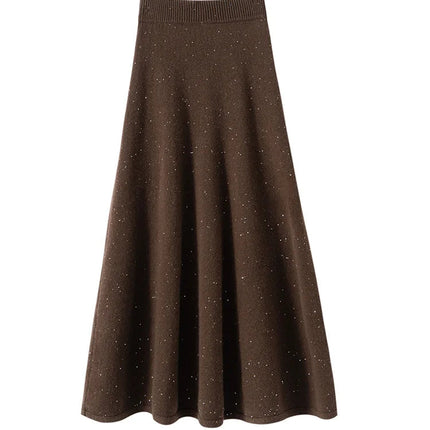 Chic Women Sweater Suite Skirt 100% Cashmere A-Line Skirt Autumn Winter Wave Skirt Elastic Knee Length Dress Sequins French Knit PlatiNum