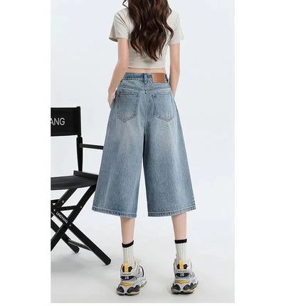 Women's Vintage Wide Leg Denim Capri Pants Shorts Summer New Plus Size Tummy Control Loose Straight Leg Casual Streetwear PlatiNum