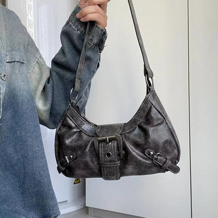 Y2K Vintage Distressed Leather Women Bag Shoulder Bag Maillard Style Underarm Purse Two Tone Crossbody Bag for Women PlatiNum