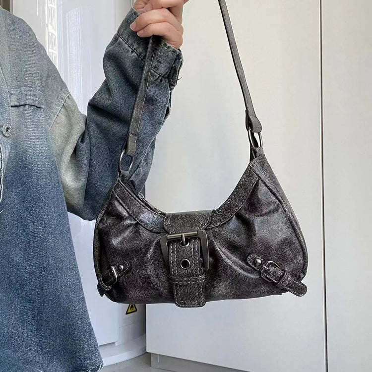 Y2K Vintage Distressed Leather Women Bag Shoulder Bag Maillard Style Underarm Purse Two Tone Crossbody Bag for Women PlatiNum