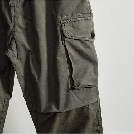 Men Elastic Drawstring Waist Jogger Cargo Pants Multi Button Pockets Vintage Washed Tapered Ankle Cuff Casual Street Trousers