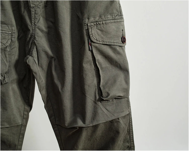 Men Elastic Drawstring Waist Jogger Cargo Pants Multi Button Pockets Vintage Washed Tapered Ankle Cuff Casual Street Trousers