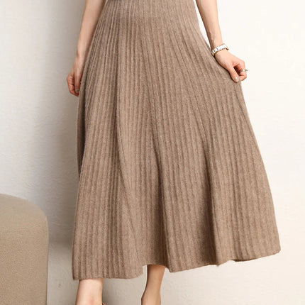 Women A-Line Pleated Skirt Cashmere High Waist Autumn Winter Large Umbrella Skirt 100% Cashmere Knitted Office Lady Casual Dress PlatiNum