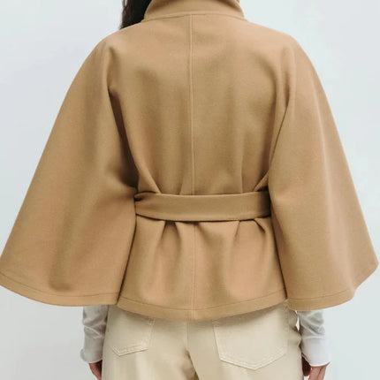 Autumn And Winter New Fashion Solid Color Cloak Stand-up Collar Button Belt Windbreaker Jacket Women's Temperament Commuting Top