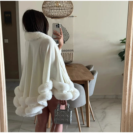 Luxury Women Faux Fur Trim Cape Coat Loose Batwing Poncho Shawl Fuzzy Fur Edge Warm Winter Outerwear Party Street Lady Coats