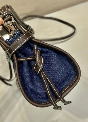 Borsa a secchiello mini in denim e pelle con coulisse, mini borsa a mano di lusso multiuso