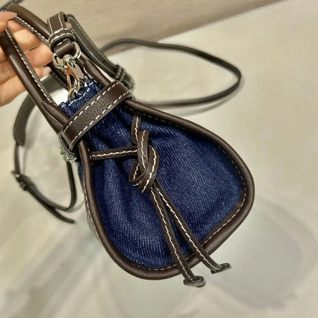 Borsa a secchiello mini in denim e pelle con coulisse, mini borsa a mano di lusso multiuso