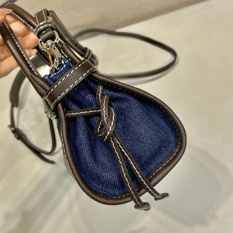 Borsa a secchiello mini in denim e pelle con coulisse, mini borsa a mano di lusso multiuso