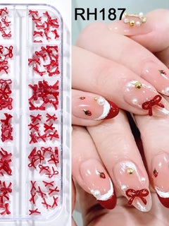 SWEET TREND-12 Grids Red Resin Bow Nail Art Charms Cute Bowknot Nail Decorations for Christmas New Year Valentine's Day Manicure