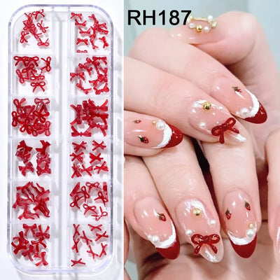 SWEET TREND-12 Grids Red Resin Bow Nail Art Charms Cute Bowknot Nail Decorations for Christmas New Year Valentine's Day Manicure