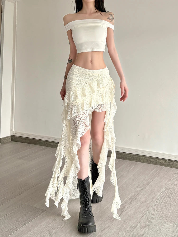 Nibber Nappe Gonne da donna Orlo irregolare Increspature multistrato Patchwork di pizzo Dolce tendenza estiva Pantaloni skinny versatili quotidiani