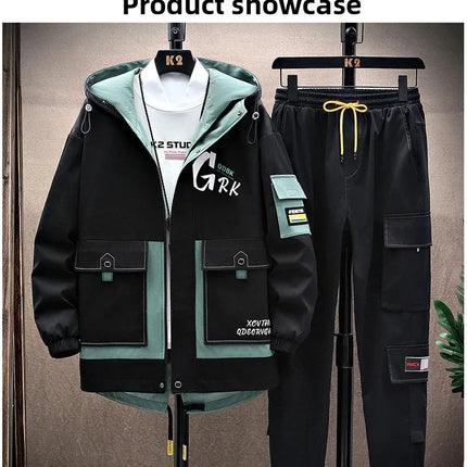 Spring Casual Men Sets Two Pieces Fashion Korean Trend Hooded Jacket + Pants Autumn Baseball Uniform Suit Man Outfit