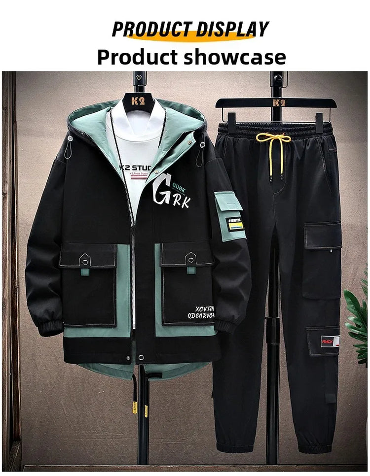 Spring Casual Men Sets Two Pieces Fashion Korean Trend Hooded Jacket + Pants Autumn Baseball Uniform Suit Man Outfit