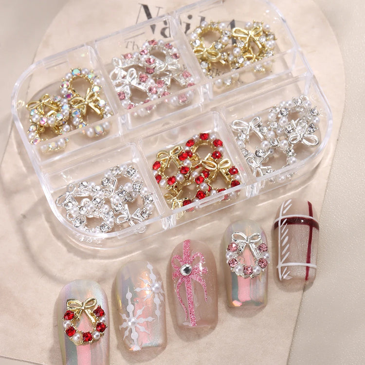 3D Christmas Nail Art Charms; Gold & Silver Bows and Wreaths; Cute Winter Designs for DIY Manicures and Salon Accessories
