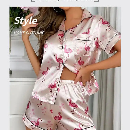 Pigiama da donna Pj Set Pigiama in raso con stampa a cuore Casual Manica corta Colletto con risvolto Top e pantaloni Indumenti da notte e pigiama per adulti platinumshop
