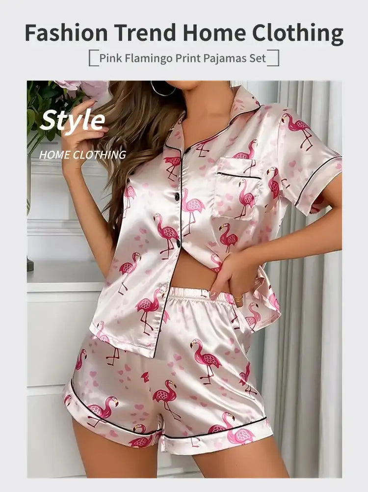 Pigiama da donna Pj Set Pigiama in raso con stampa a cuore Casual Manica corta Colletto con risvolto Top e pantaloni Indumenti da notte e pigiama per adulti platinumshop