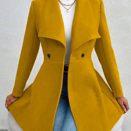 Women's Autumn Winter Yellow Woolen Coat Elegant Lapel Double Button Slim Fit Mid-Length Overcoat Casual Long Sleeve Outerwear F