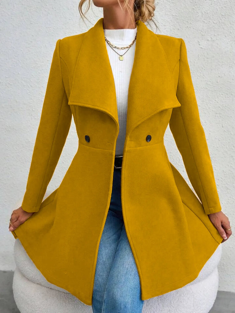 Women's Autumn Winter Yellow Woolen Coat Elegant Lapel Double Button Slim Fit Mid-Length Overcoat Casual Long Sleeve Outerwear F