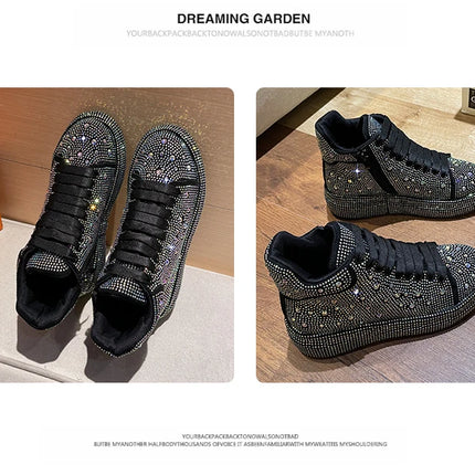 Designer Platform Sneakers Full Diamond Luxury Shoes Versatile Flat Bottom High-top Casual Skateboard Shoes Zapatos De Mujer