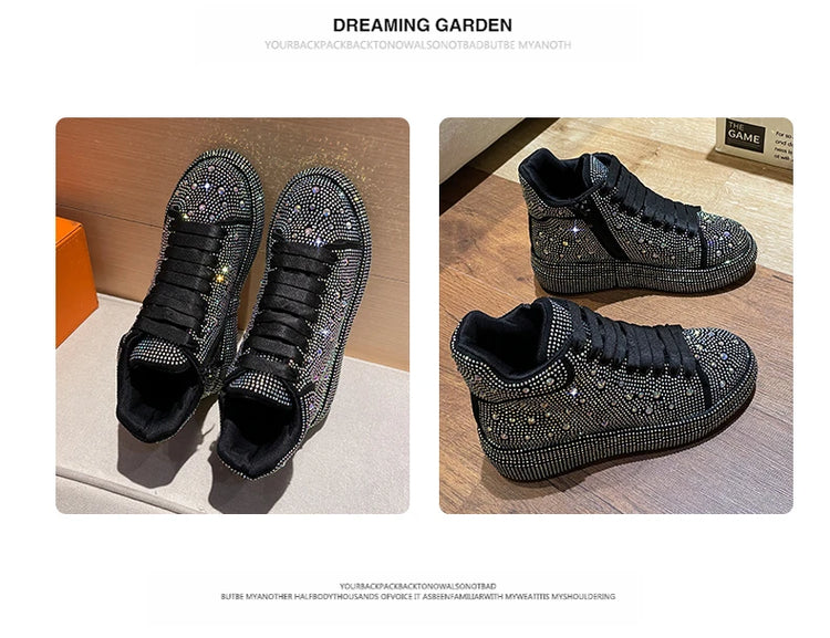 Designer Platform Sneakers Full Diamond Luxury Shoes Versatile Flat Bottom High-top Casual Skateboard Shoes Zapatos De Mujer