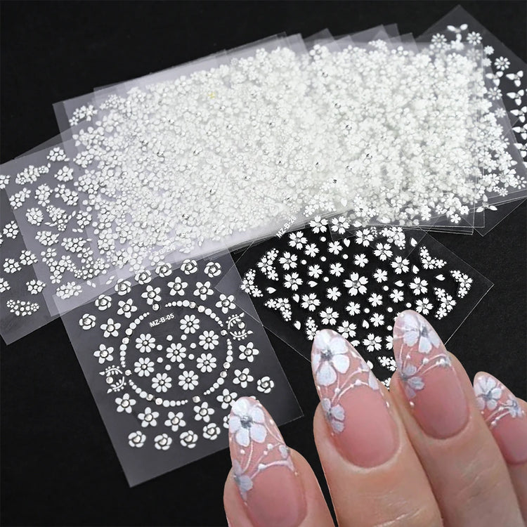 30sheets White Flower Nail Art Stickers 3D Rhinestones Floral Nail Decals 5.5*6.5cm Self Adhesive White Flower Nail Decorations