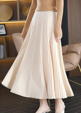 100% Merino Wool Women’s Knitted Skirt Spring Autumn Winter  Long Pleated Grace Skirts High Waist A-Line Cashmere Comfortable PlatiNum