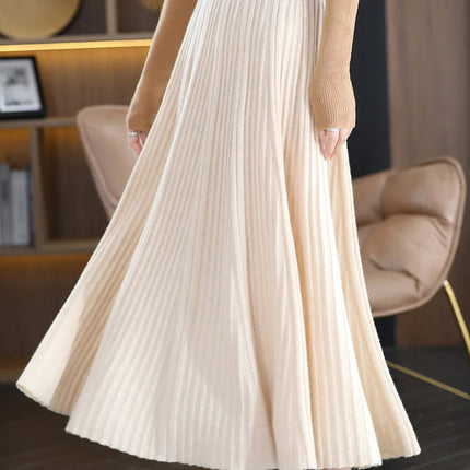 100% Merino Wool Women’s Knitted Skirt Spring Autumn Winter  Long Pleated Grace Skirts High Waist A-Line Cashmere Comfortable PlatiNum