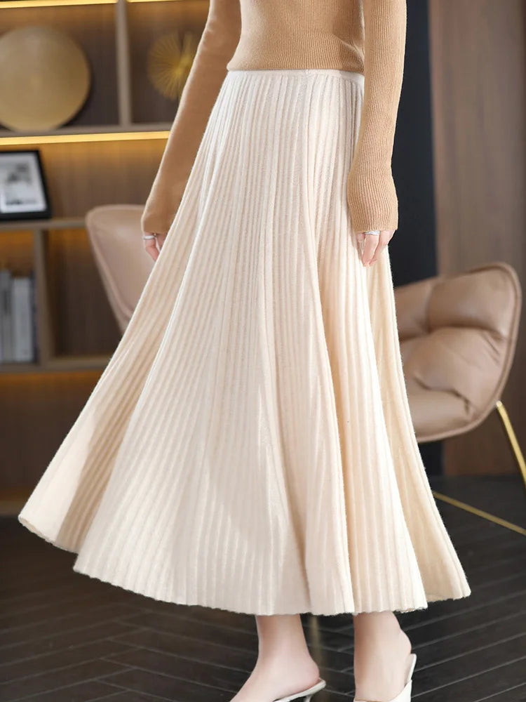 100% Merino Wool Women’s Knitted Skirt Spring Autumn Winter  Long Pleated Grace Skirts High Waist A-Line Cashmere Comfortable PlatiNum