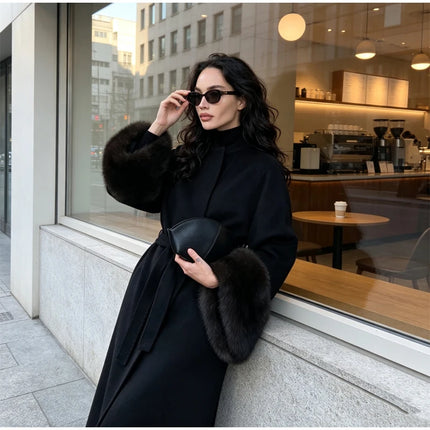 Lady Long Wool Blend Coat Stand Collar Faux Fur Cuffs Belted Waist Loose Oversized Maxi Wrap Outerwear Elegant Winter Overcoat