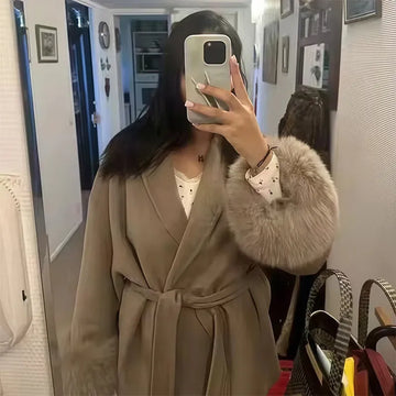 Elegant Women's Lace Up Woolen Coats Solid Full Sleeve Turn-down Collar Loose Lady Coats 2026 Autumn Winter Female Streetwear