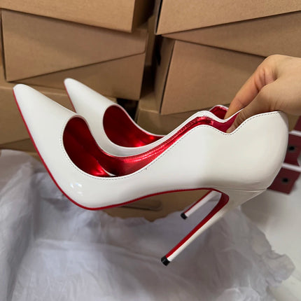 Veowalk Décolleté a spillo con punta a punta da donna con taglio a onda Design alla moda Rosso all'interno Slip On 12 cm Scarpe con tacco alto Lucido Nude Nero Bianco