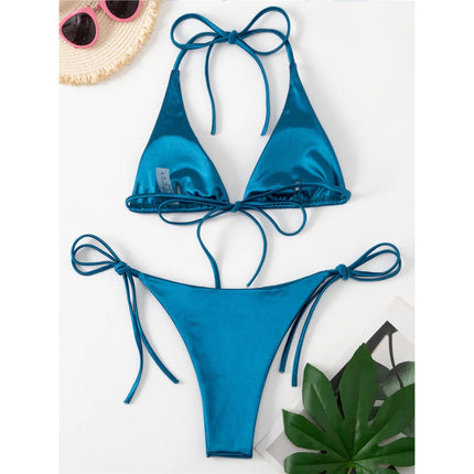 Sexy 13 colori Halter Satin Bikini brasiliano Donna Costumi da bagno Costume da bagno femminile Bikini a due pezzi Bagnante Costume da bagno Swim V4966 platinumshop