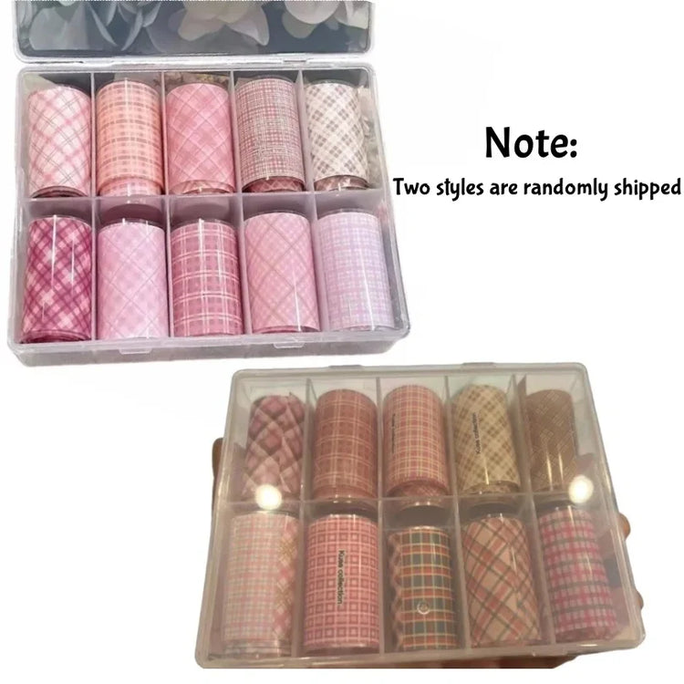 10Pcs Pink Grid Pattern Nail Foil Transfer Paper Cowboy Style Manicure Stickers For DIY Nail Art Decor