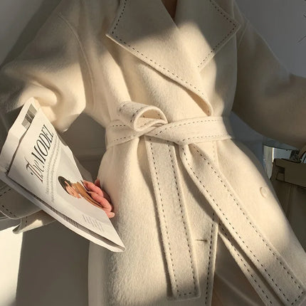 New Solid Korean Style Women Wool Coat Arch Needle Large Neck Versatile Fashion Texture Double Sided Trench Coats Female Winter