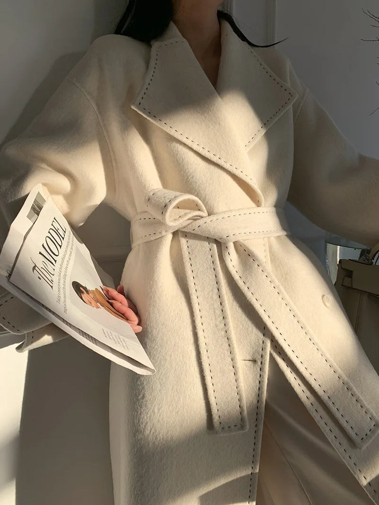 New Solid Korean Style Women Wool Coat Arch Needle Large Neck Versatile Fashion Texture Double Sided Trench Coats Female Winter