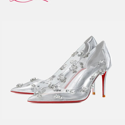 Red sole transparent pointed head sexy female stiletto high heels wedding shoes silver rhinestone crystal fairy style new 2024 PlatiNum
