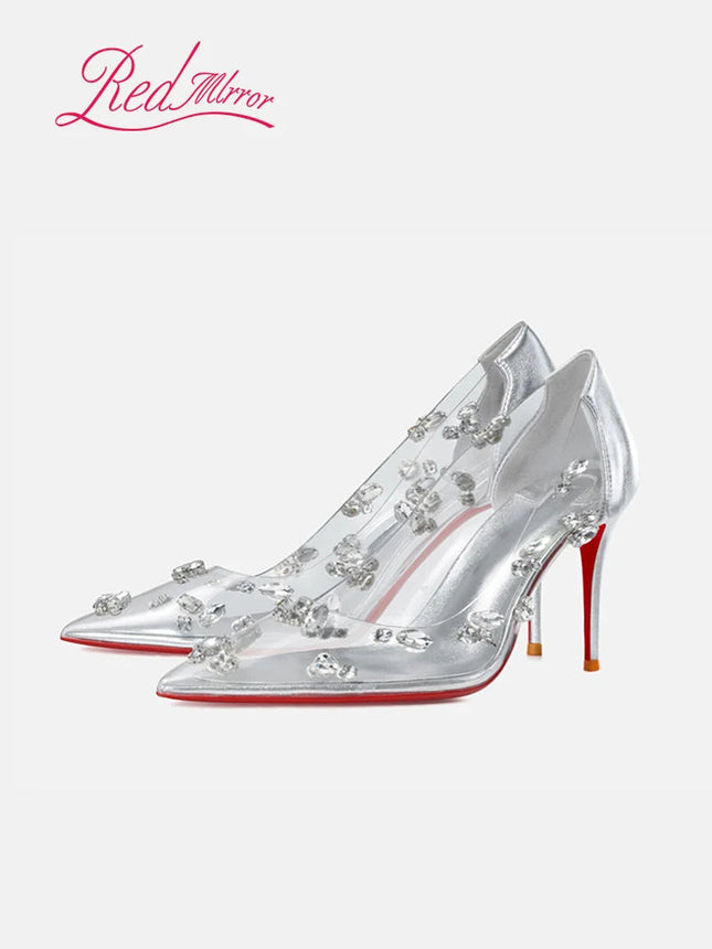 Red sole transparent pointed head sexy female stiletto high heels wedding shoes silver rhinestone crystal fairy style new 2024 PlatiNum