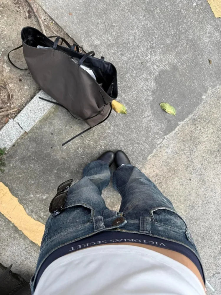 Jeans Vintage Blu Deeptown Y2k da Donna, Stile Giapponese Harajuku a Vita Bassa, Pantaloni in Denim Baggy Stile Anni 2000, Streetwear Americano Autunnale