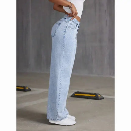 Jeans a gamba dritta a vita alta lavati blu da donna americana Jeans larghi con tasche frontali e posteriori adatti per l'abbigliamento casual quotidiano