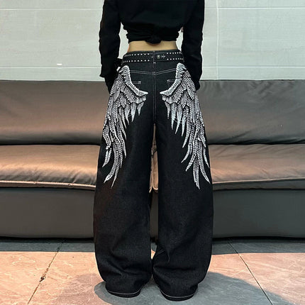 1 paio di jeans larghi con stampa Wing in stile retrò americano, pantaloni neri a gamba larga alla moda e versatili per donna