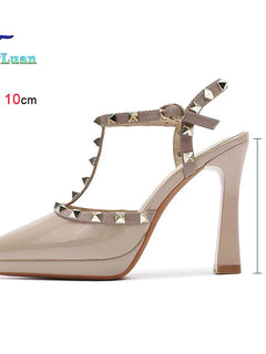 Scarpe con tacco sexy con rivetti Sandali con tacco alto da 10 cm Sandali con tacco alto da sera Sandali con tacco a spillo color nudo semplici con punta a punta