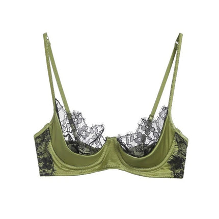 MOYISU No‑Wire French Lace Half‑Cup Bra Set Women Ultra‑Thin Transparent Green Lingerie, Daily Brassiere 32‑38 AB for Small Bust