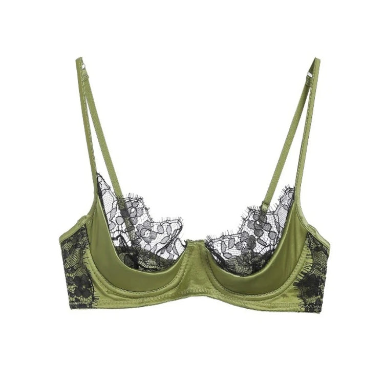 MOYISU No‑Wire French Lace Half‑Cup Bra Set Women Ultra‑Thin Transparent Green Lingerie, Daily Brassiere 32‑38 AB for Small Bust