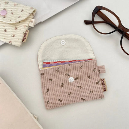 Cute Floral Coin Purse Mini Wallet Card Organizer Small Square Corduroy Bag for Student Bus Bank ID Credit Cards PlatiNum